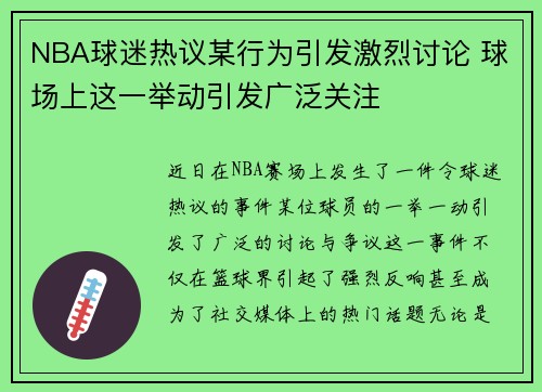 NBA球迷热议某行为引发激烈讨论 球场上这一举动引发广泛关注